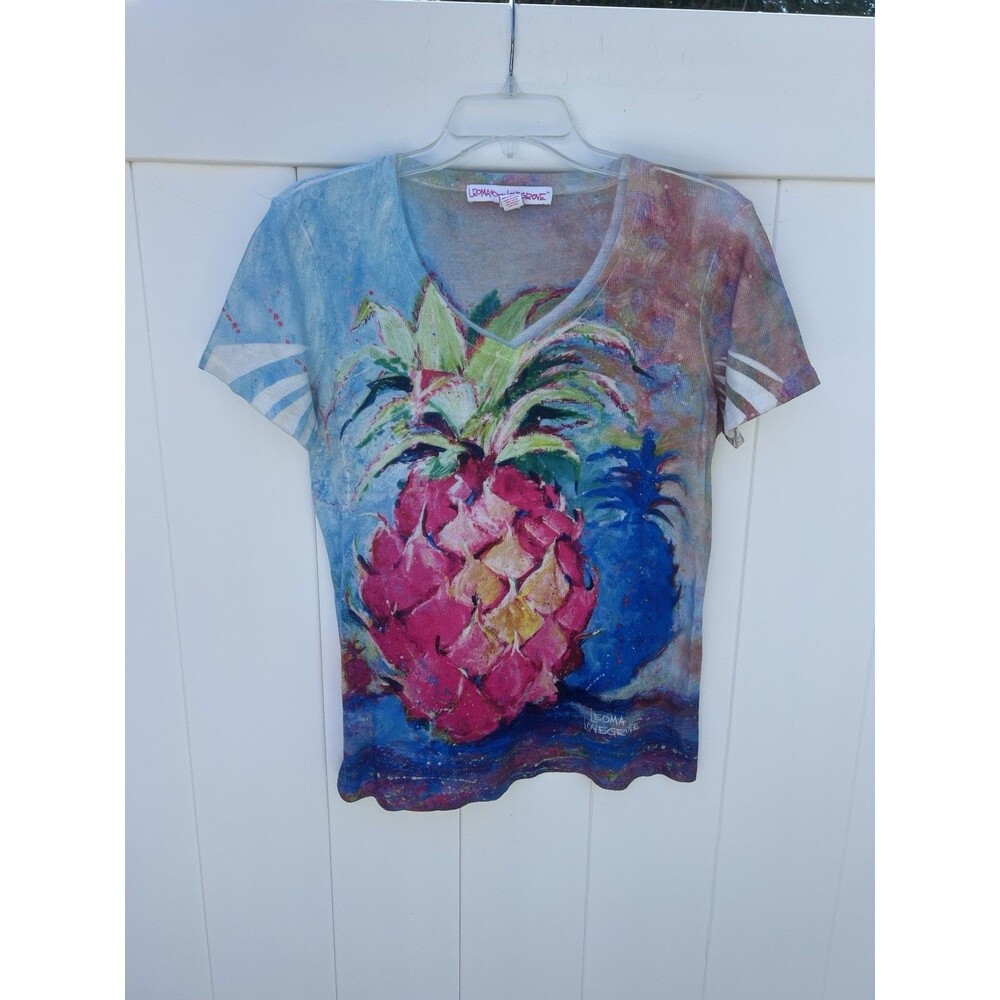 Leoma Lovegrove Pineapple Art V-Neck T-Shirt Women's XL Short Sleeve Graphic Tee